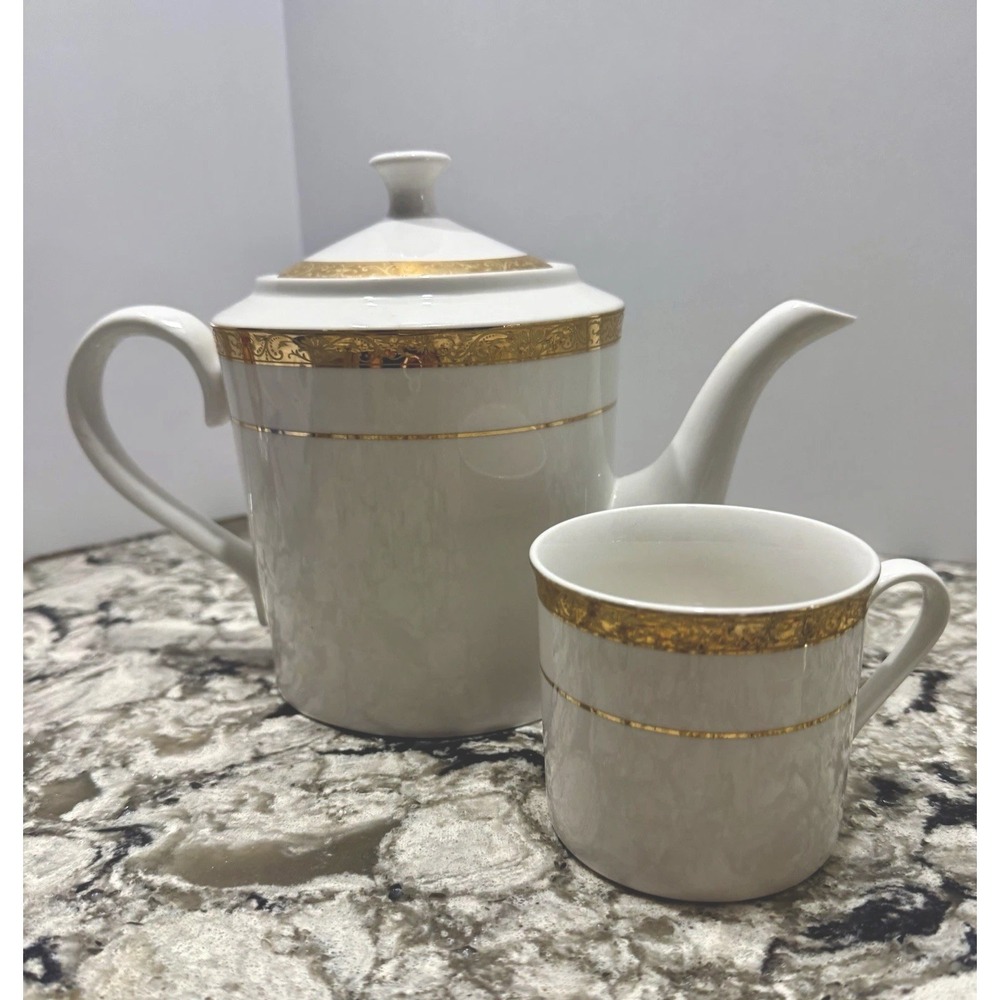 Vintage China Pearl Imperial Tea Pot & Cup White Gold Trim Classic Grannycore**